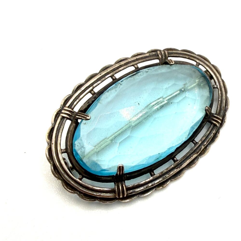 Vintage 50s Light Blue Sterling Silver Stamped Faceted Gemstone Brooch Pendant